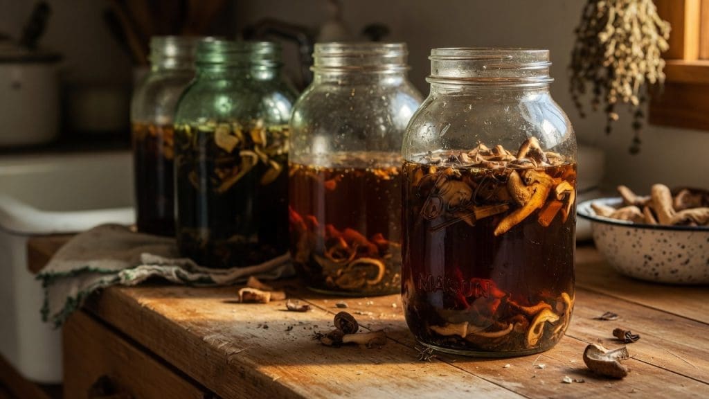 Glass mason jars filled with mushroom material steeping in dark liquid on a farmhouse counter, showing the dual extraction process used at Steel Ridge Farm in Idalia, Colorado.
