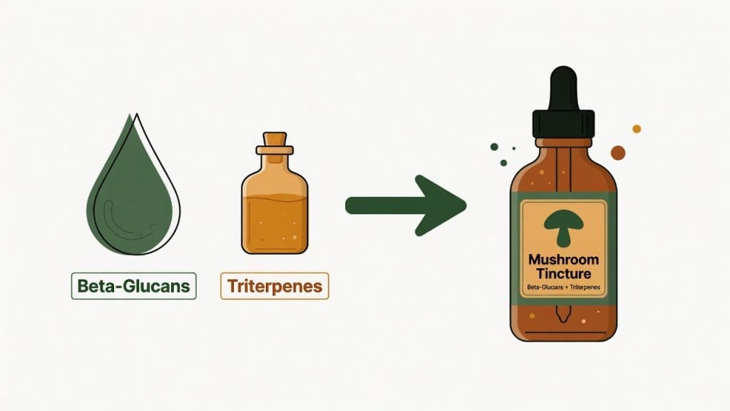 Diagram illustrating the two types of bioactive compounds in functional mushrooms — water-soluble beta-glucans and alcohol-soluble triterpenes — and how dual extraction captures both.